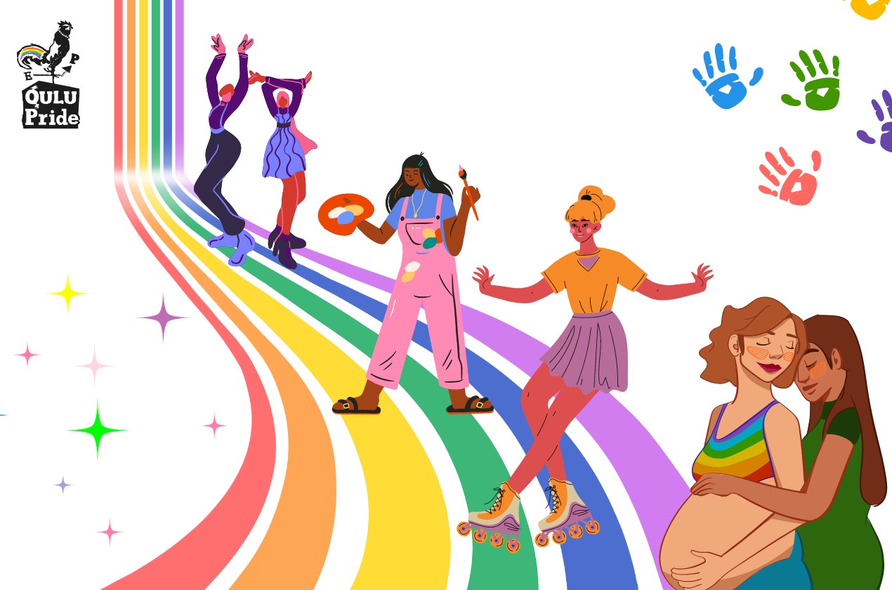 Oulu Pride 2024 kuvituskuva. Kuvassa ihmishahmoja sateenkaarenvärisen alueen edessä.