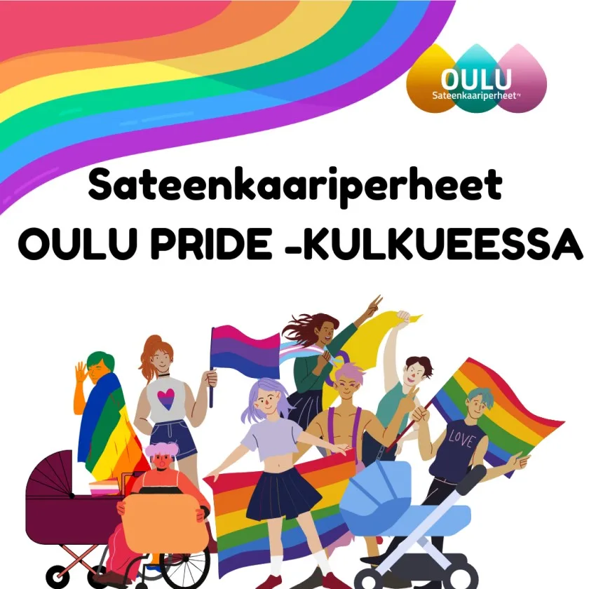 Sateenkaariperheet Oulu Pride -kulkueessa tapahtumakuva.